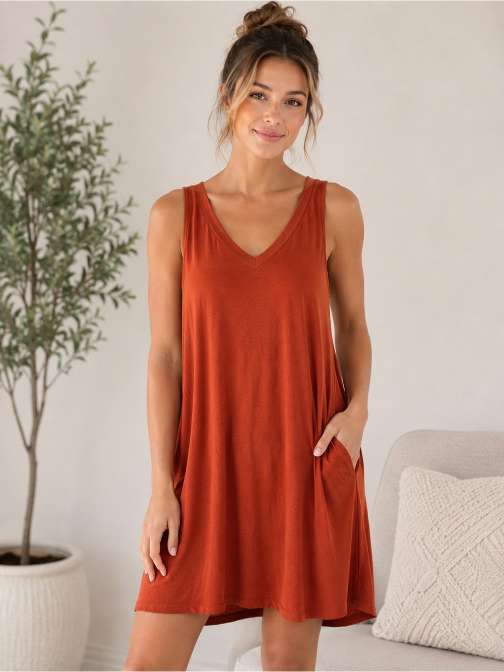 Andrée by Unit Rust Sleeveless Swing Dress minimalist Women’s Large stretch boho